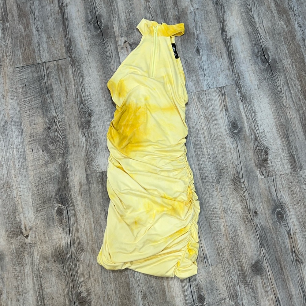 Women's Yellow Ruched Halter Dress